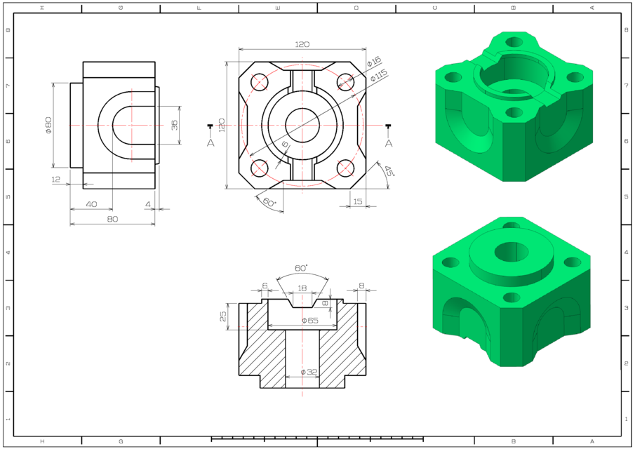 A green 3D block in CAD